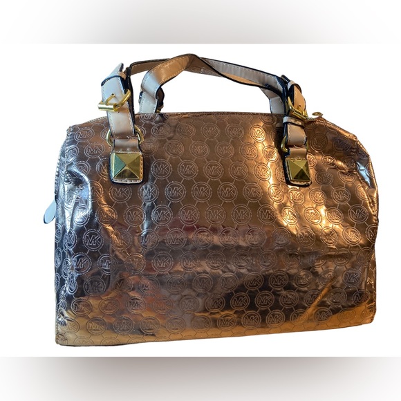 Michael Kors MK Monogrammed Shiny Gold Metallic Large Duffel Tote Purse Bag - Picture 13 of 14